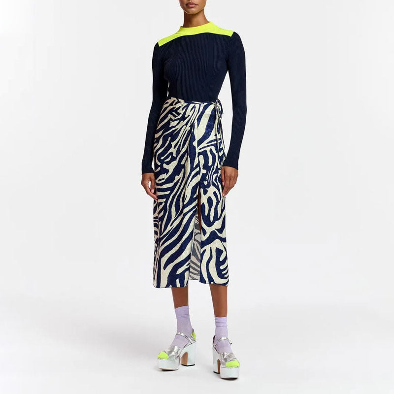 ESSENTIEL ANTWERP Flavia Zebra Print Wrap Skirt in Navy/Off White