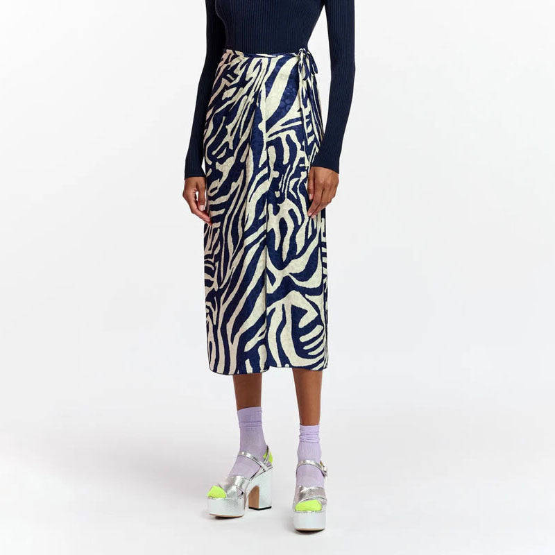 ESSENTIEL ANTWERP Flavia Zebra Print Wrap Skirt in Navy/Off White