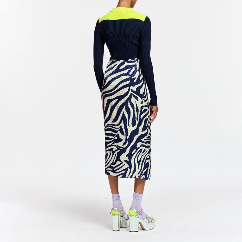 ESSENTIEL ANTWERP Flavia Zebra Print Wrap Skirt in Navy/Off White