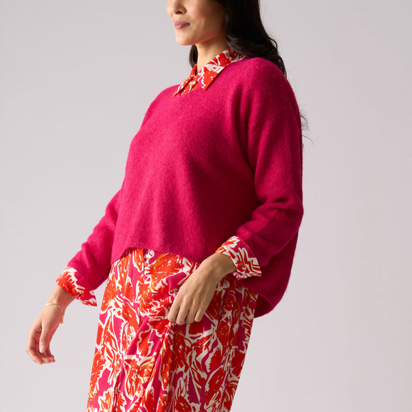 Loop V Neck Sweater in Hot Pink