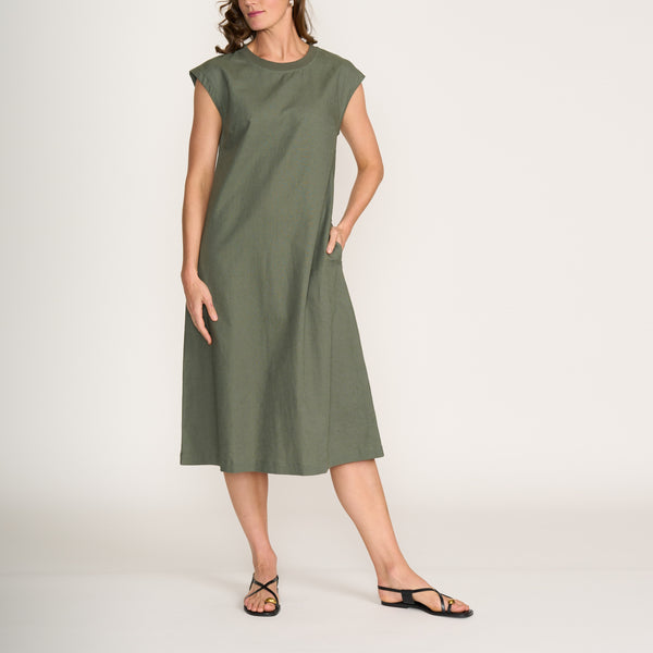 FOIL Cut Of Your Rib Cotton Linen Dress in Khaki