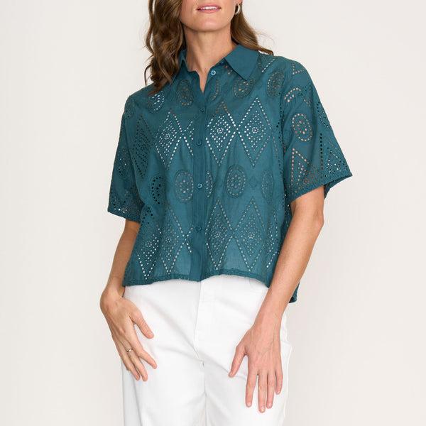 FOIL Sweet Stitch Broderie Anglaise Shirt in Blue Coral Deco