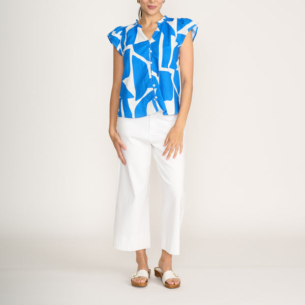 FOIL As A Button Cotton Linen Mix Print Top in Blue