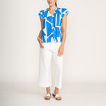 FOIL As A Button Cotton Linen Mix Print Top in Blue