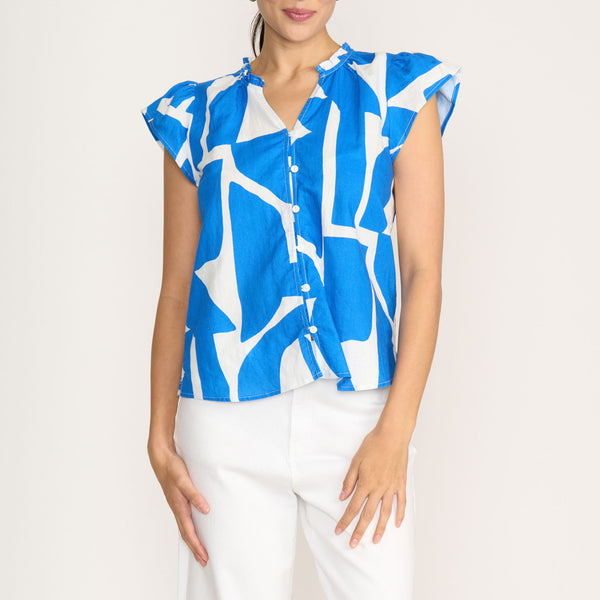 FOIL As A Button Cotton Linen Mix Print Top in Blue