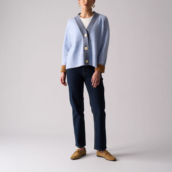 Plush Love V Neck Cardigan in Blue Combo