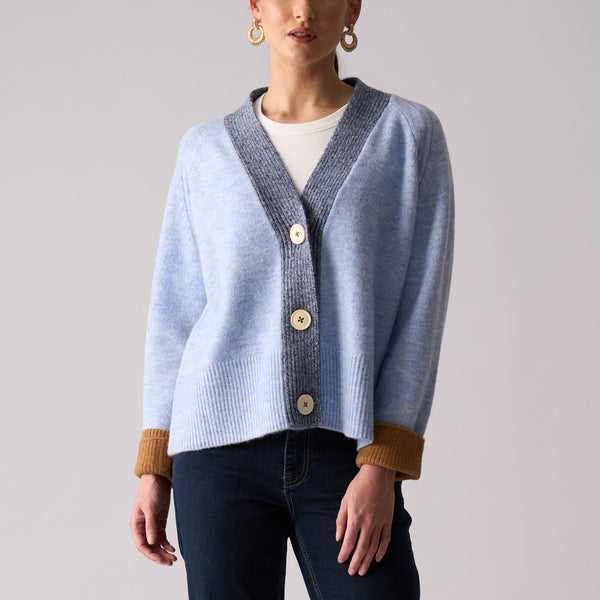 Plush Love V Neck Cardigan in Blue Combo