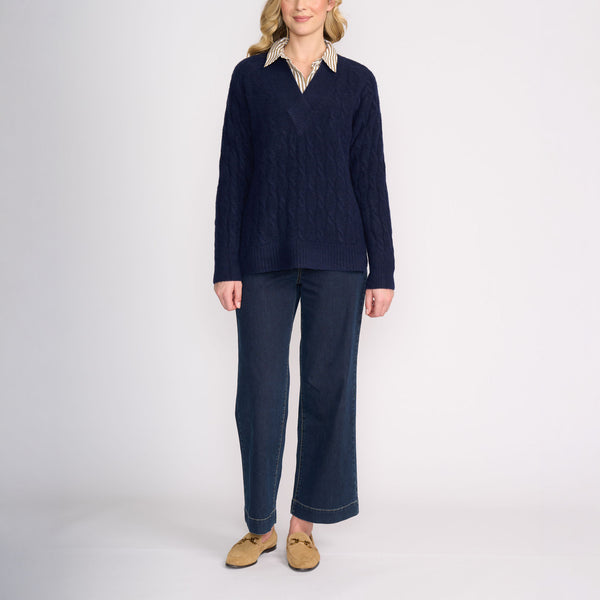 Cable V Neck Sweater  in Midnight