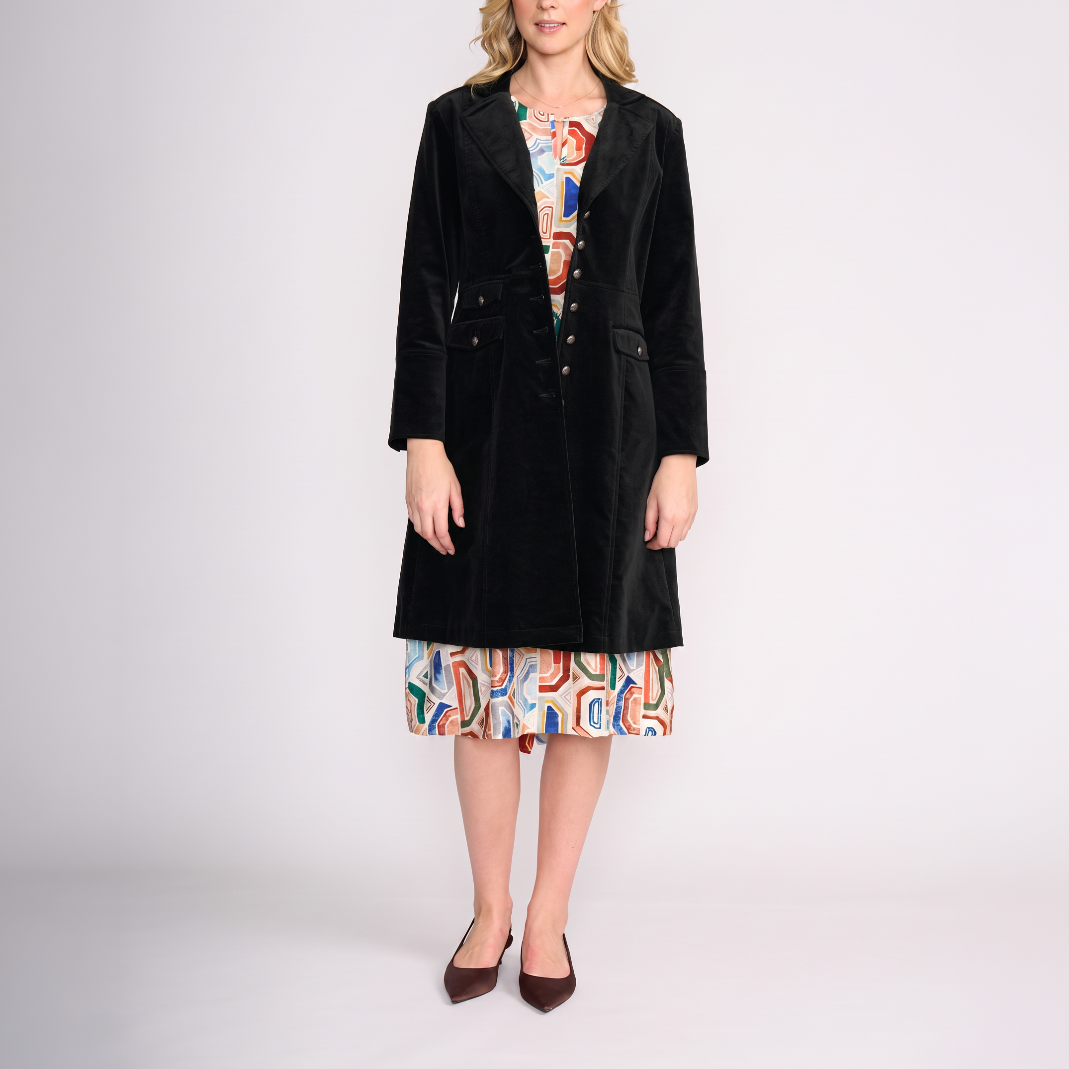 Cotton Corduroy Velvet Long Coat in Black