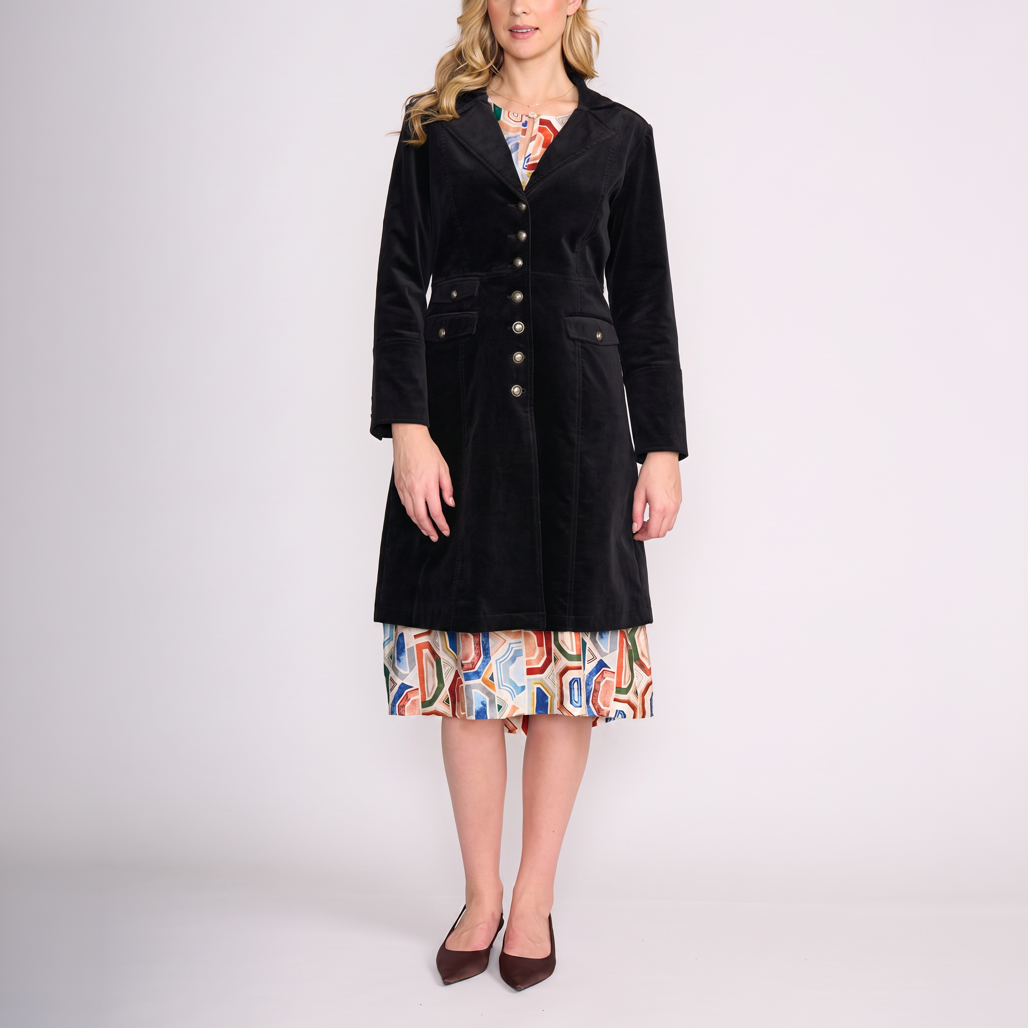 Cotton Corduroy Velvet Long Coat in Black