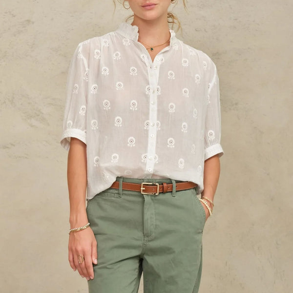 M.A.B.E Frani Embroidered Short Sleeve Top in White
