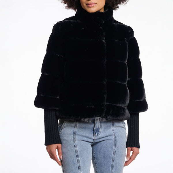 RINO & PELLE Feline Faux Fur Jacket with Knitted Sleeves in Black