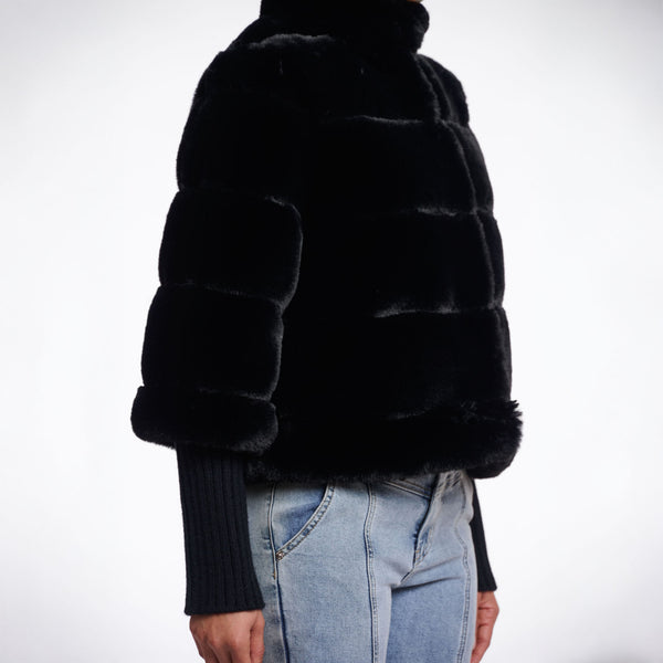 RINO & PELLE Feline Faux Fur Jacket with Knitted Sleeves in Black