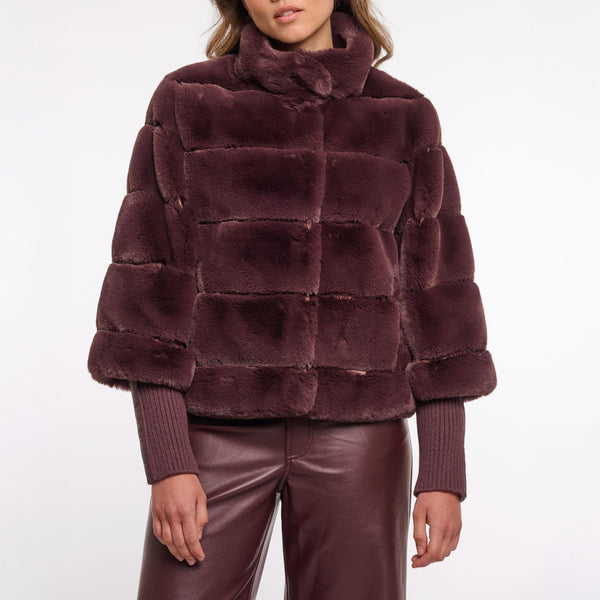 RINO & PELLE Feline Faux Fur Jacket with Knitted Sleeves in Chocolate Bean