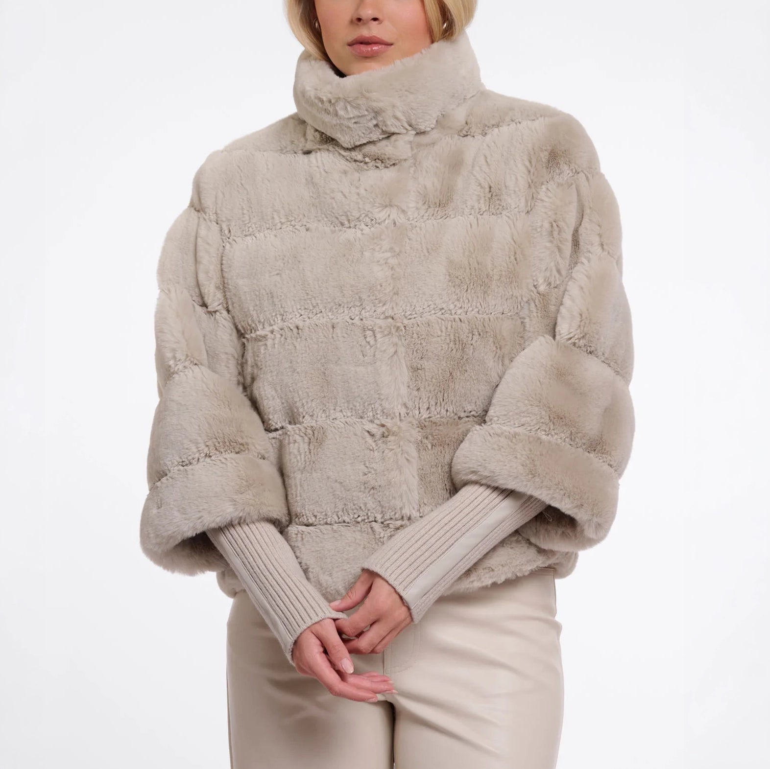 RINO & PELLE Feline Faux Fur Jacket with Ribbed Cuffs in Birch