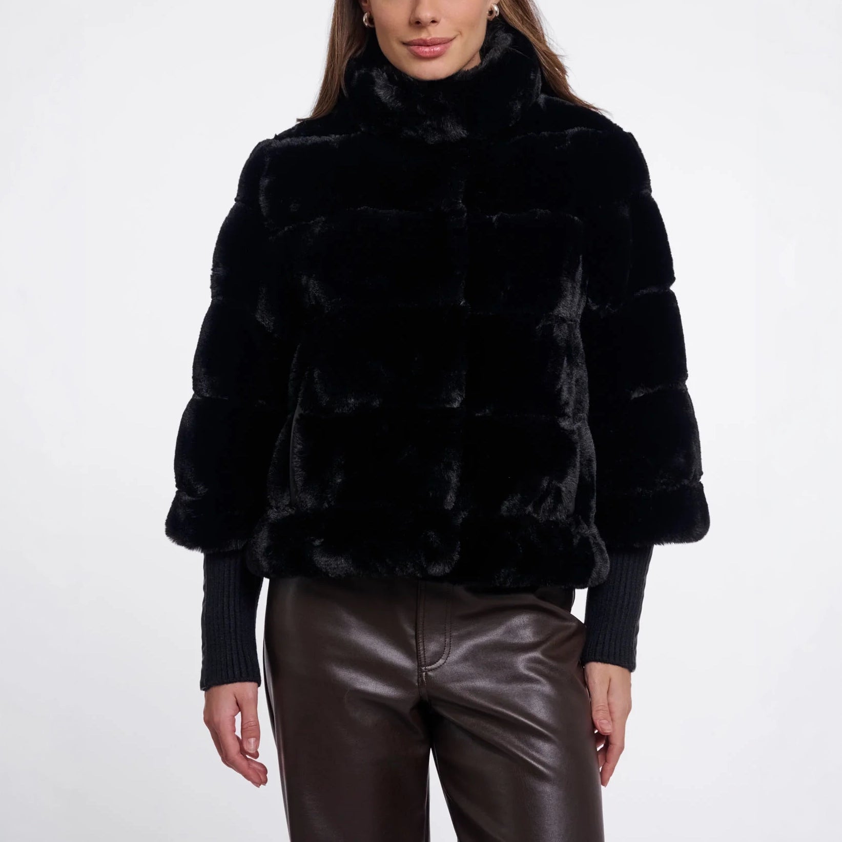 RINO & PELLE Feline Faux Fur Jacket with Ribbed Cuffs in Black