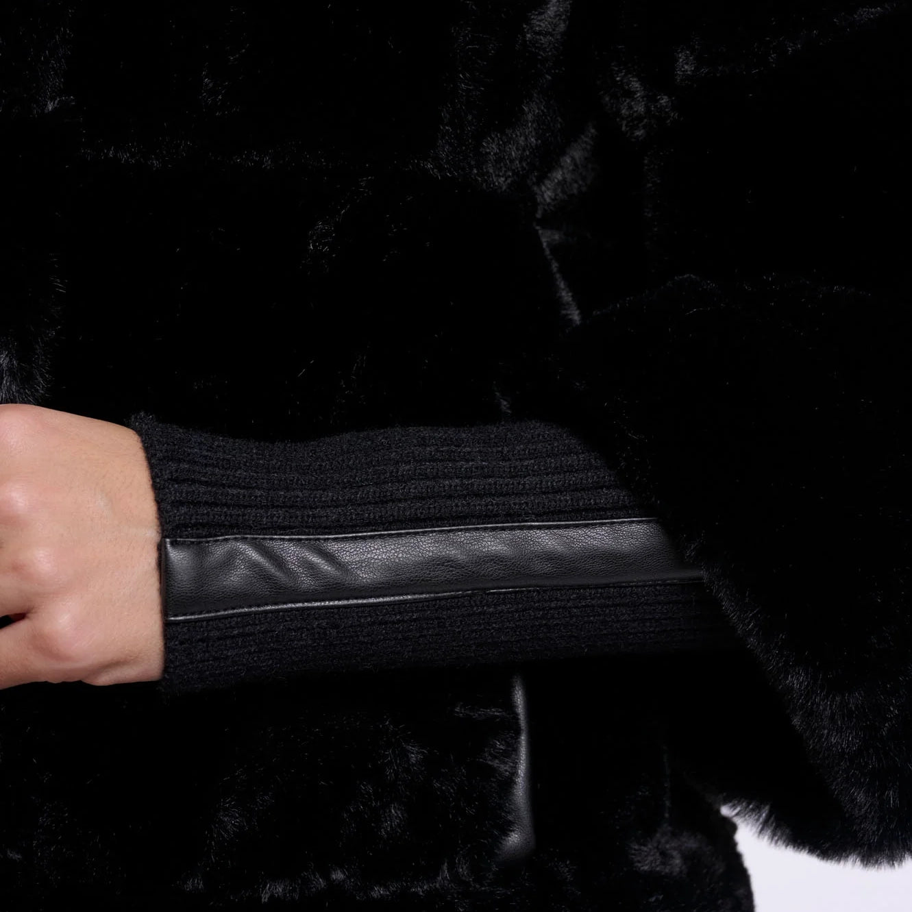 RINO & PELLE Feline Faux Fur Jacket with Ribbed Cuffs in Black