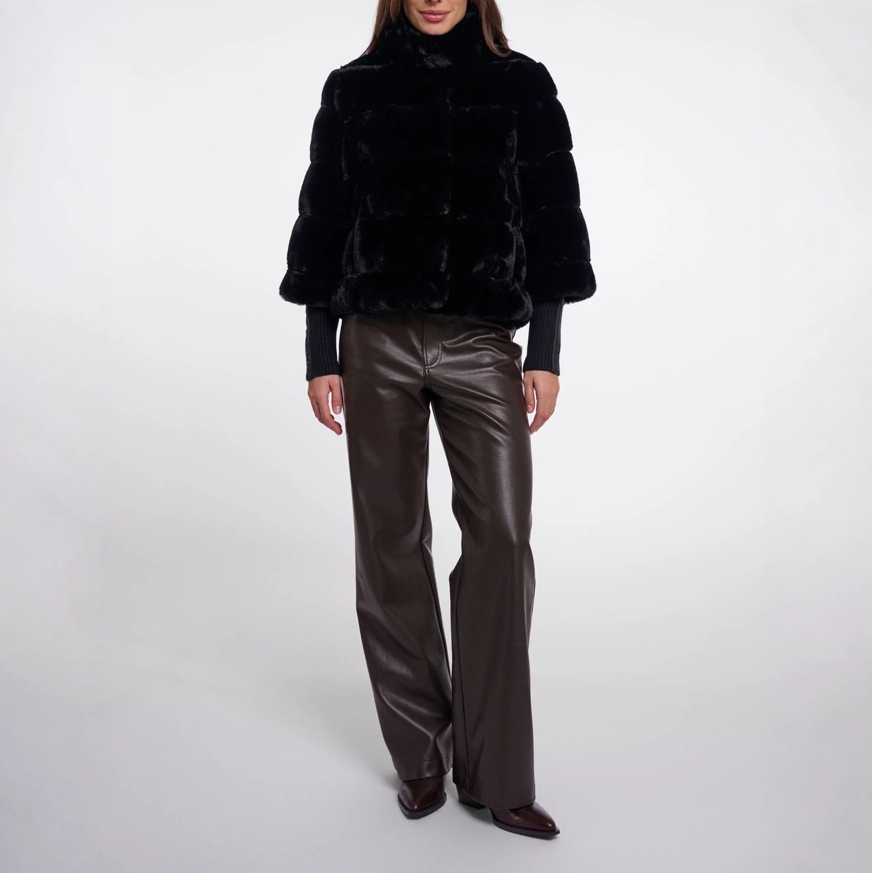 RINO & PELLE Feline Faux Fur Jacket with Ribbed Cuffs in Black