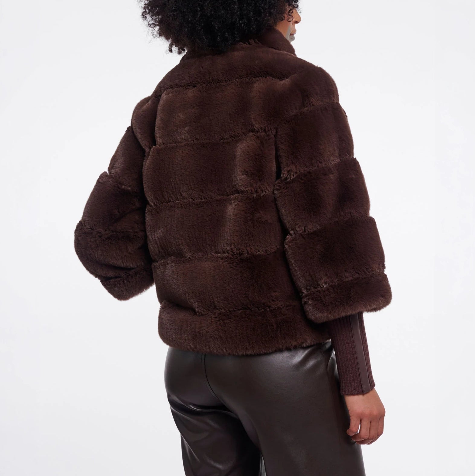 RINO & PELLE Feline Faux Fur Jacket with Ribbed Cuffs in Coffee Roast