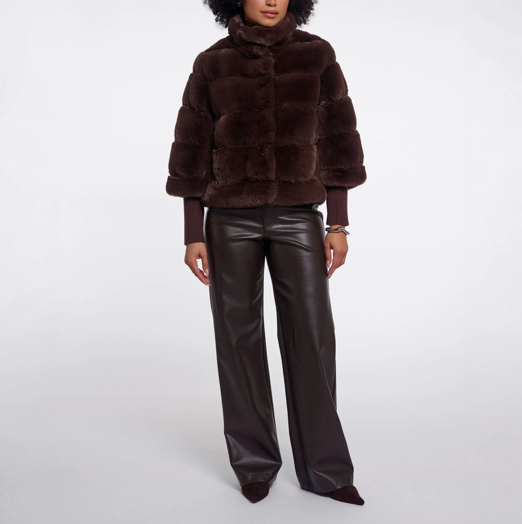 RINO & PELLE Feline Faux Fur Jacket with Ribbed Cuffs in Coffee Roast