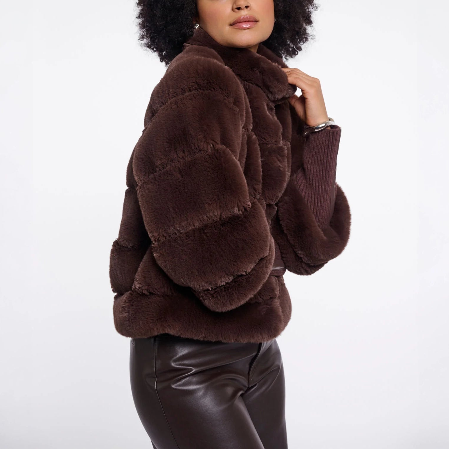 RINO & PELLE Feline Faux Fur Jacket with Ribbed Cuffs in Coffee Roast