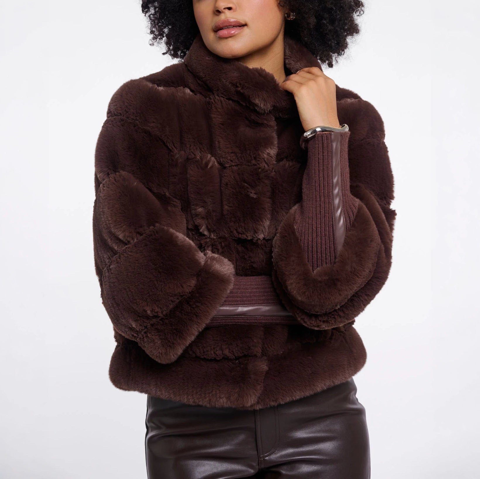 RINO & PELLE Feline Faux Fur Jacket with Ribbed Cuffs in Coffee Roast