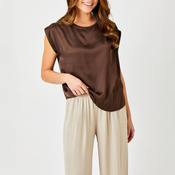 SUZY D Gabon Satin Sleeveless Top in Brown