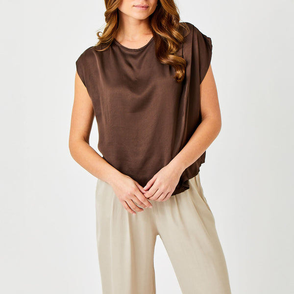 SUZY D Gabon Satin Sleeveless Top in Brown