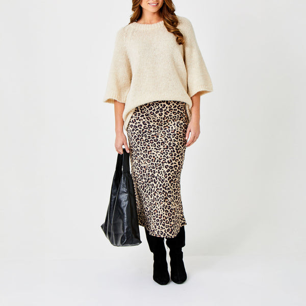 SUZY D Gene Satin Bias Cut Skirt in Leopard Print