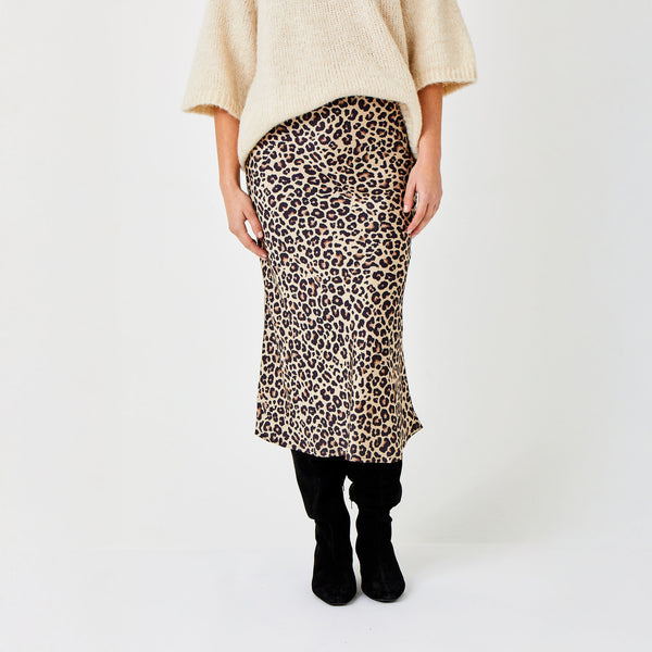 SUZY D Gene Satin Bias Cut Skirt in Leopard Print