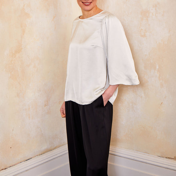 SUZY D Gina Satin Wide Sleeve Top in Light Beige