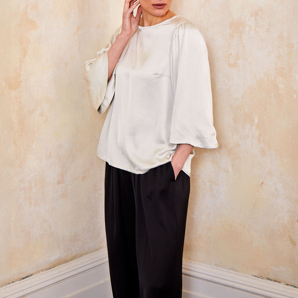 SUZY D Gina Satin Wide Sleeve Top in Light Beige