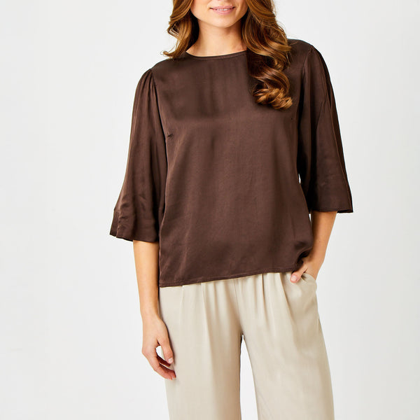 SUZY D Gina Satin Wide Sleeve Top in Chocolate Brown