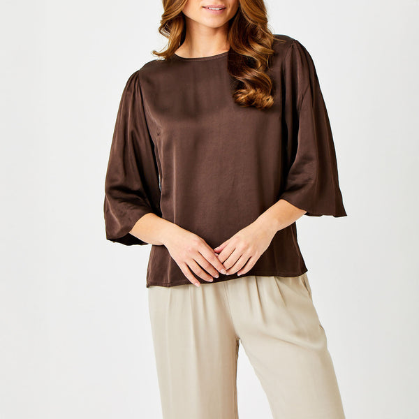 SUZY D Gina Satin Wide Sleeve Top in Chocolate Brown