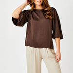 SUZY D Gina Satin Wide Sleeve Top in Chocolate Brown