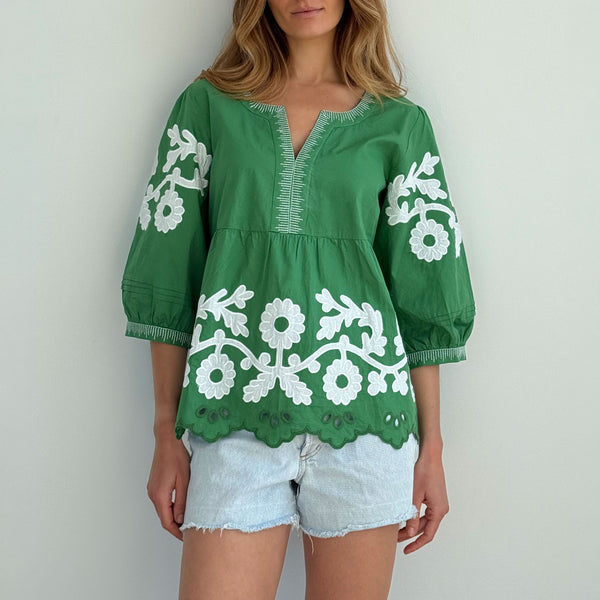 ROSE AND ROSE Gladiola Daisy Applique Top in Green