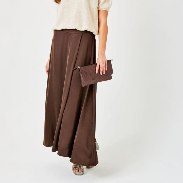SUZY D Grenada Satin Floaty Skirt in Chocolate Brown