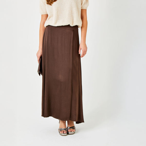 SUZY D Grenada Satin Floaty Skirt in Chocolate Brown