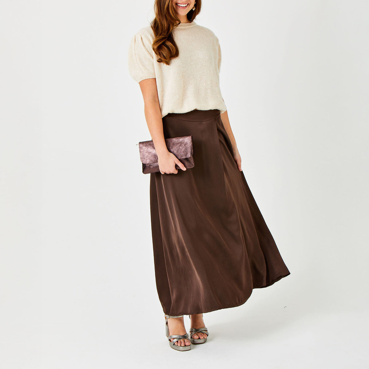 SUZY D Grenada Satin Floaty Skirt in Chocolate Brown