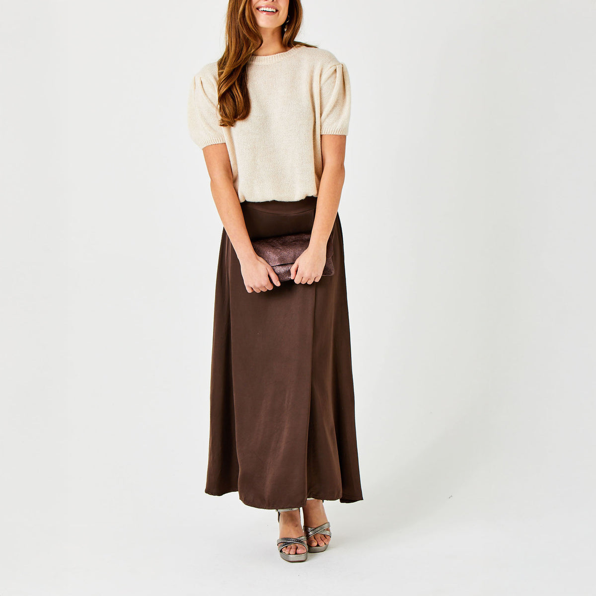 SUZY D Grenada Satin Floaty Skirt in Chocolate Brown