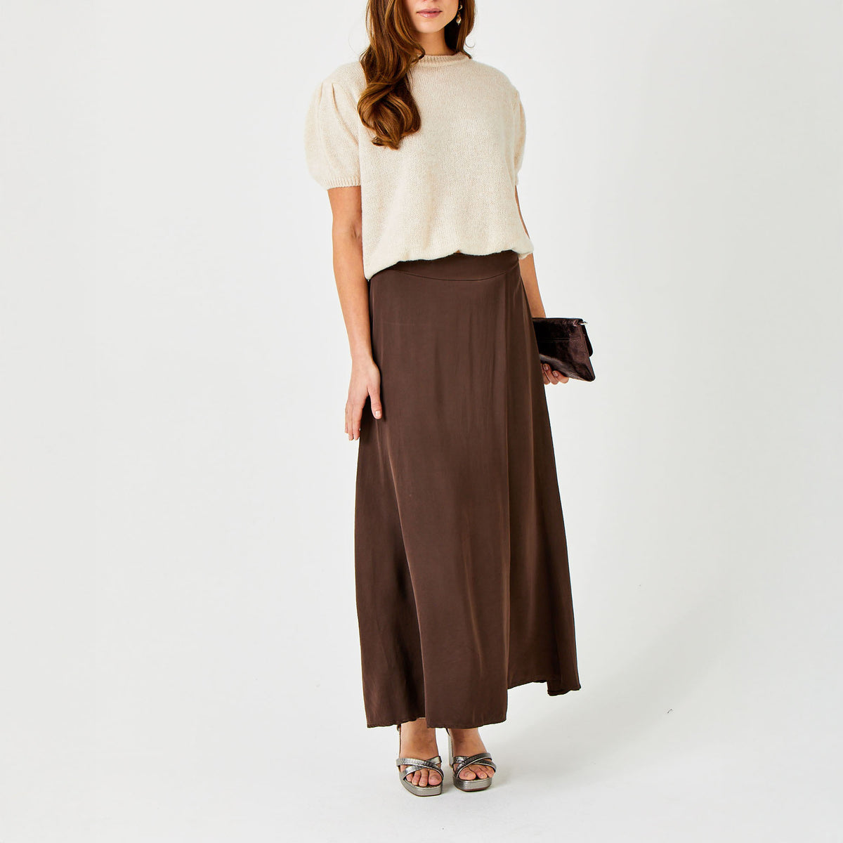 SUZY D Grenada Satin Floaty Skirt in Chocolate Brown