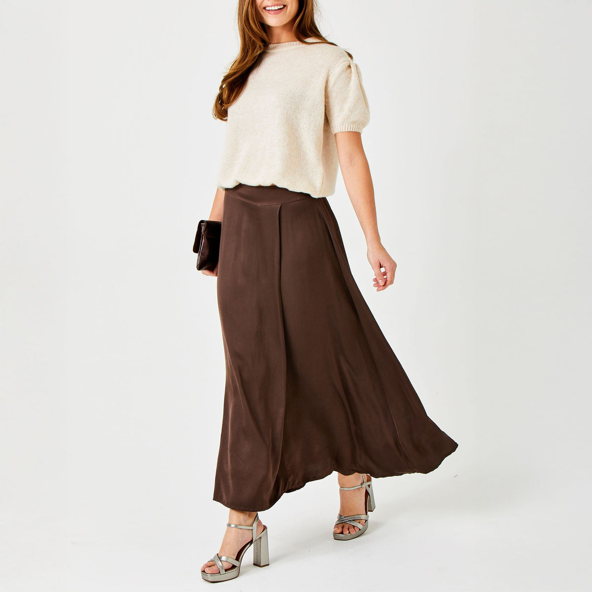 SUZY D Grenada Satin Floaty Skirt in Chocolate Brown