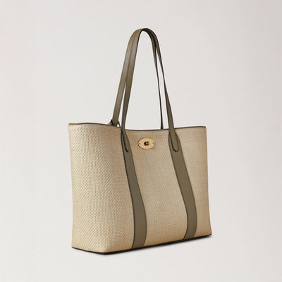MULBERRY Bayswater Raffia & Leather Tote in Linen Green-Natural