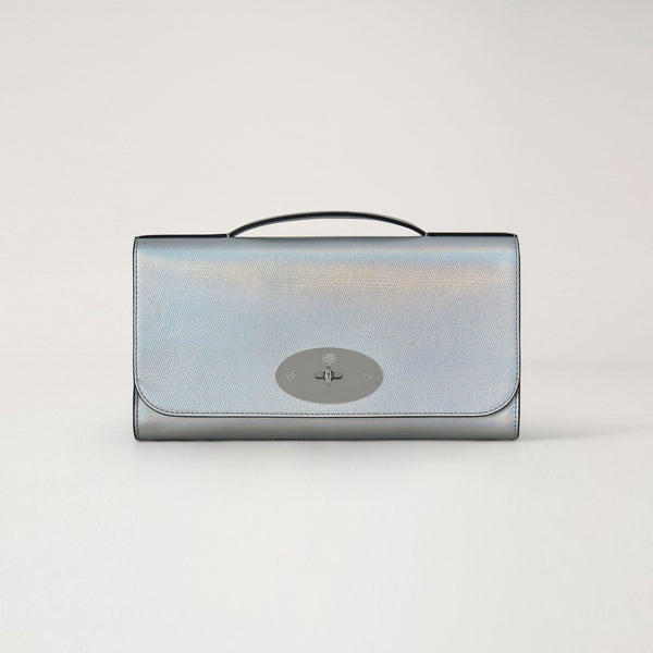 MULBERRY Lily Lizard Embossed Leather Clutch in Silver Iridescent