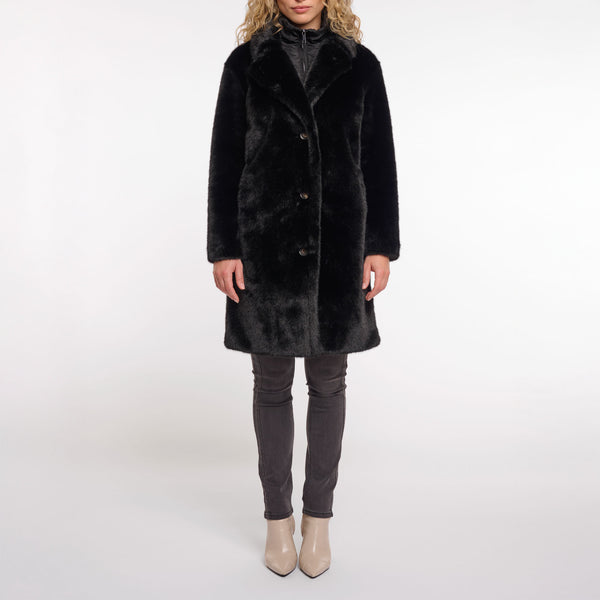 RINO & PELLE Geesje Single Breasted Faux Fur Coat with Detachable Collar in Black