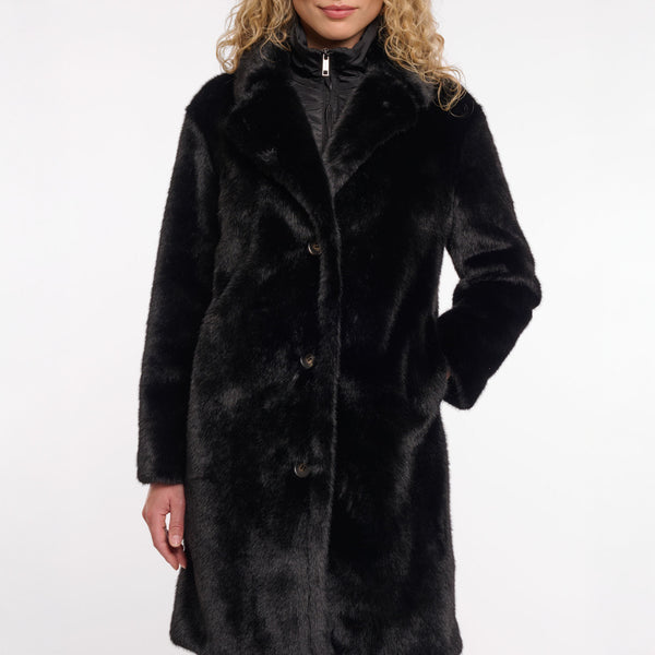 RINO & PELLE Geesje Single Breasted Faux Fur Coat with Detachable Collar in Black