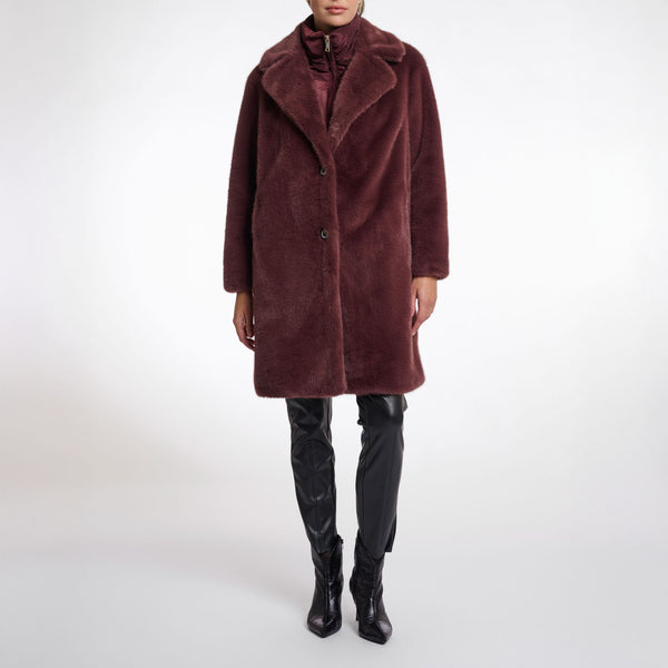 RINO & PELLE Geesje Single Breasted Faux Fur Coat with Detachable Collar in Chocolate Bean