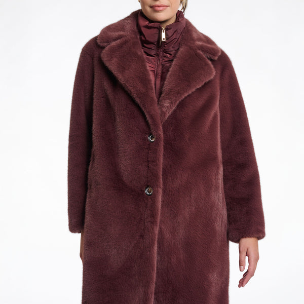 RINO & PELLE Geesje Single Breasted Faux Fur Coat with Detachable Collar in Chocolate Bean