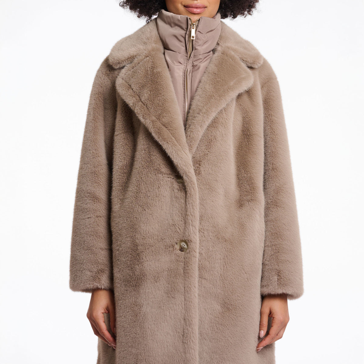 RINO & PELLE Geesje Single Breasted Faux Fur Coat with Detachable Collar in Toffee