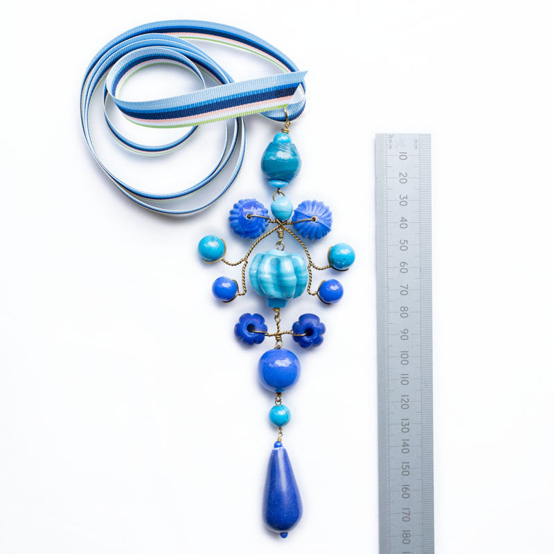 PHILIPPA KUNISCH Grand Gypsy Necklace in Blue Mix with Multi Ribbon